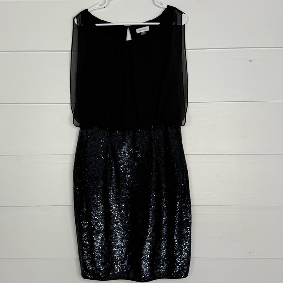 Calvin Klein Black Sequin Cocktail Dress Sleeveless Chiffon Overlay Size 10 - Picture 2 of 10